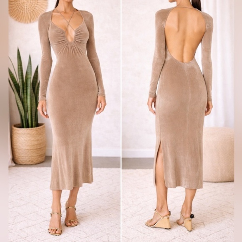 Jason Wu Engracia Open Back Midi Dress Small Khaki Tan Bodycon